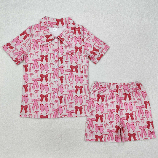 Adult Women Pajamas Pink Bows Pocket Buttons Tops Shorts Pajamas GSSO1717