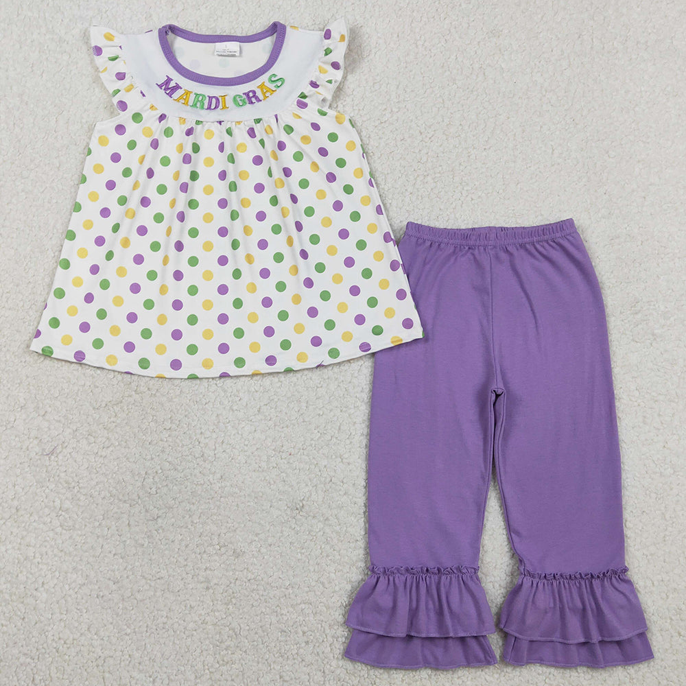 Baby Girls Clothes Embroidery Mardigras Polka Dots Tunic Ruffle Pants Clothes Sets GSPO2205