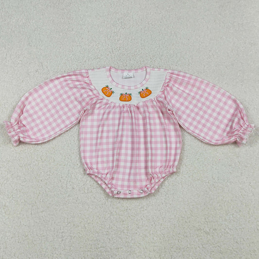 Baby Girls Rompers Smocked Pumpkins Pink Checked Fall Rompers LR2181 10.2