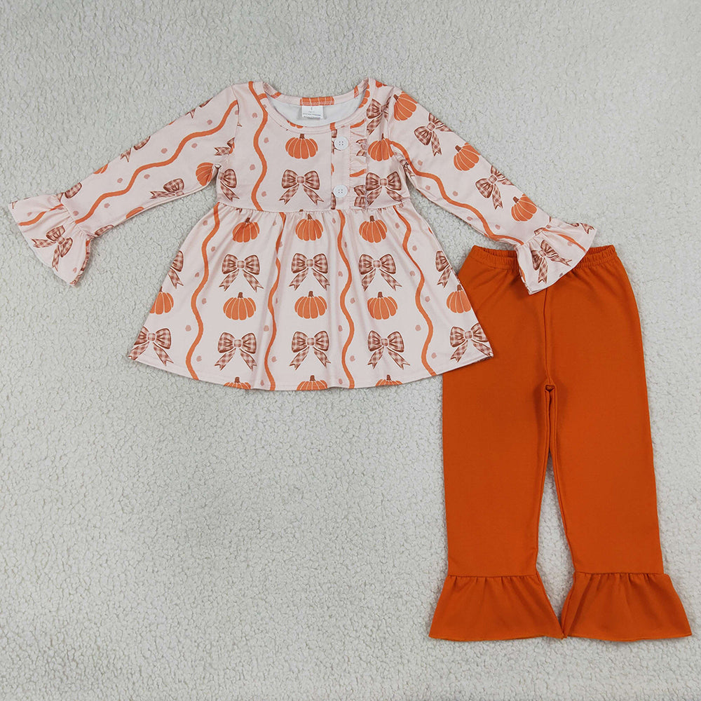 Baby Girls Clothes Pumpkins Bows Button Tunic Ruffle Pants Fall Clothes Sets GLP3396