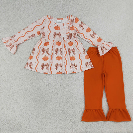 Baby Girls Clothes Pumpkins Bows Button Tunic Ruffle Pants Fall Clothes Sets GLP3396