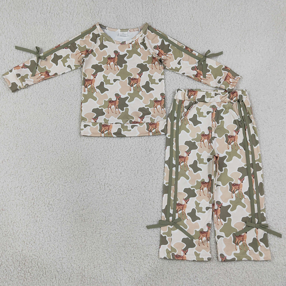 Baby Girls Clothes Green Camo Deer Top Pockets Bows Pant Christams Clothes Sets GLP3428