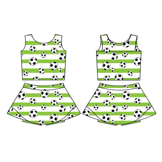 Preorder (moq 5)Baby Girls Green Stripe Footballs Vest Top Skirt Shorts Team Clothes Sets 12.2