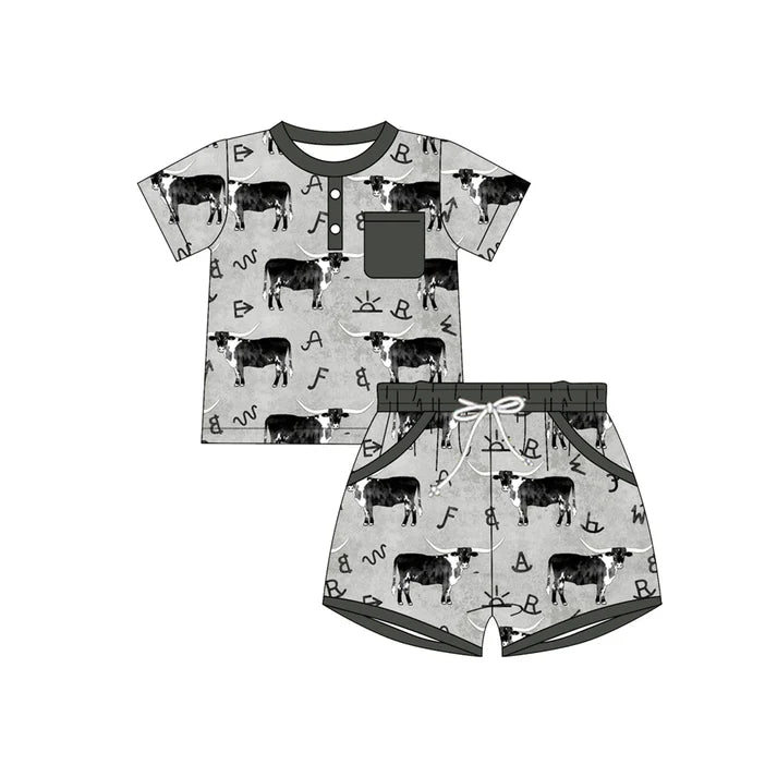 Preorder(moq 5) Baby Boys Grey Cows Button Top Pocket Shorts Western Clothes Sets 10.9