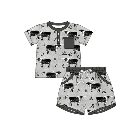 Preorder(moq 5) Baby Boys Grey Cows Button Top Pocket Shorts Western Clothes Sets 10.9