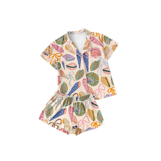 Preorder (moq 5)Baby Girls Short Sleeves Button Pocket Colorful Bows Shell Top Short Pajamas Set 5.14