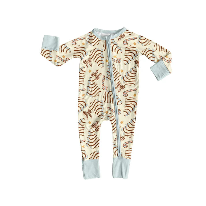Preorder (moq 5)Baby Girls Long Sleeves Yellow Trees Bows Candy Cane Zipper Romper 7.4
