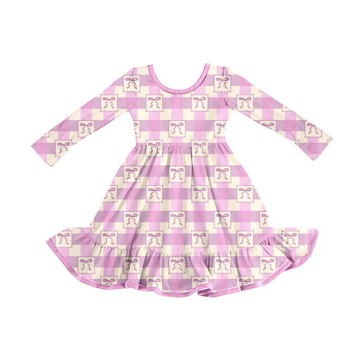 Preorder (moq 5)Baby Girls Pink Checkered Bows Ruffle Knee Length Dresses 8.11