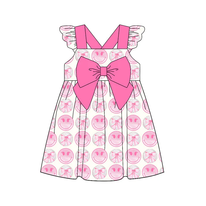 Preorder (moq 5)Baby Girls Pink Flutter Sleeves Smiles Bows Knee Length Dress 4.25