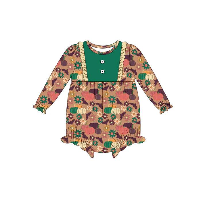 Preorder (moq 5)Baby Girls Long Sleeves Pumpkins Flowers Bats Button Ruffle Romper 7.4