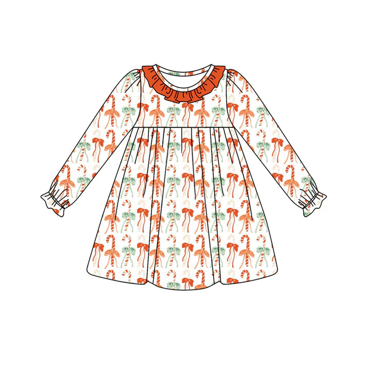 Preorder (moq 5)Baby Girls Long Ruffle Sleeves Orange Bows Candy Cane Stripe Knee Length Dresses 6.12