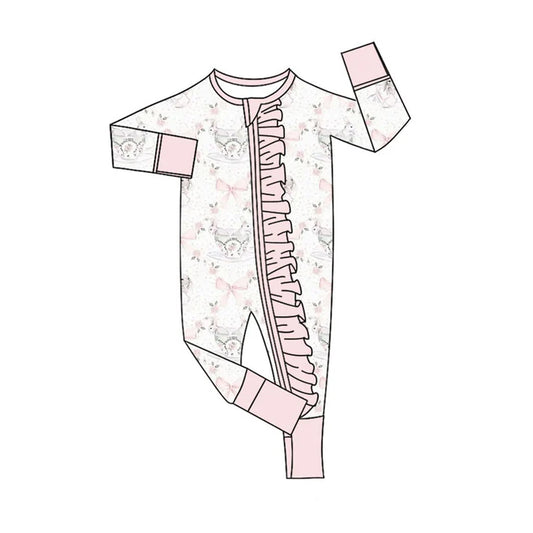 Preorder (moq 5)Baby Girls Pink Bows Rabbits Easter Two Way Ruffle Zip Convertible Rompers 11.19