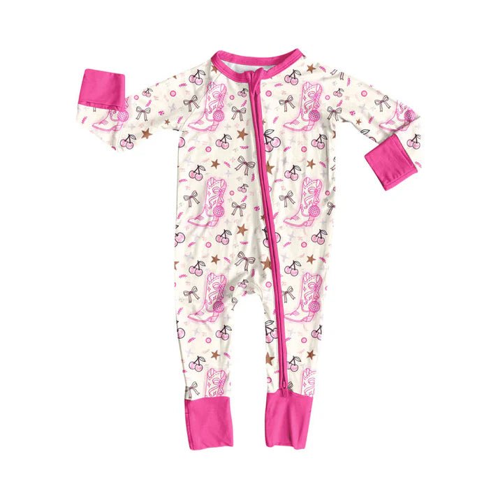 Preorder (moq 8)Baby Girls Pink Boots Cheers Zipper Footie Rompers 9.8