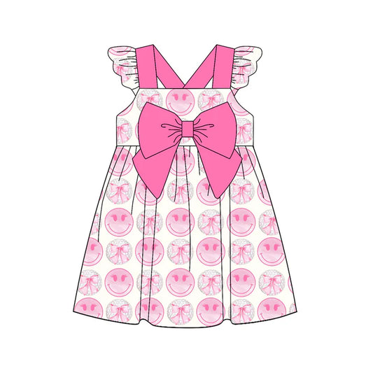 Preorder (moq 5)Baby Girls Pink Flutter Sleeves Smiles Bows Knee Length Dress 5.13