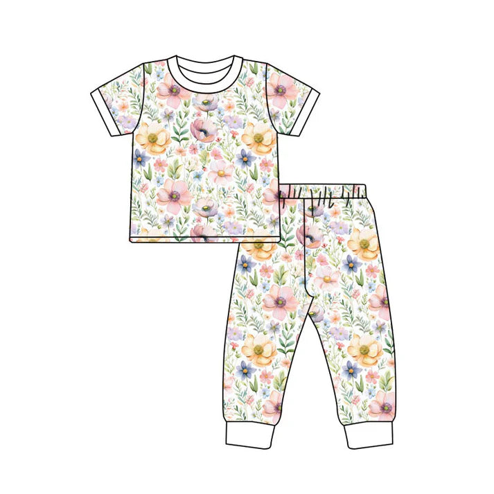 Preorder(moq 5) Baby Girls Short Sleeve Colorful Flowers Top Pants Pajamas Sets 11.12