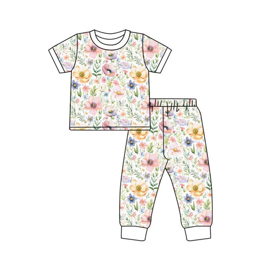 Preorder(moq 5) Baby Girls Short Sleeve Colorful Flowers Top Pants Pajamas Sets 11.12