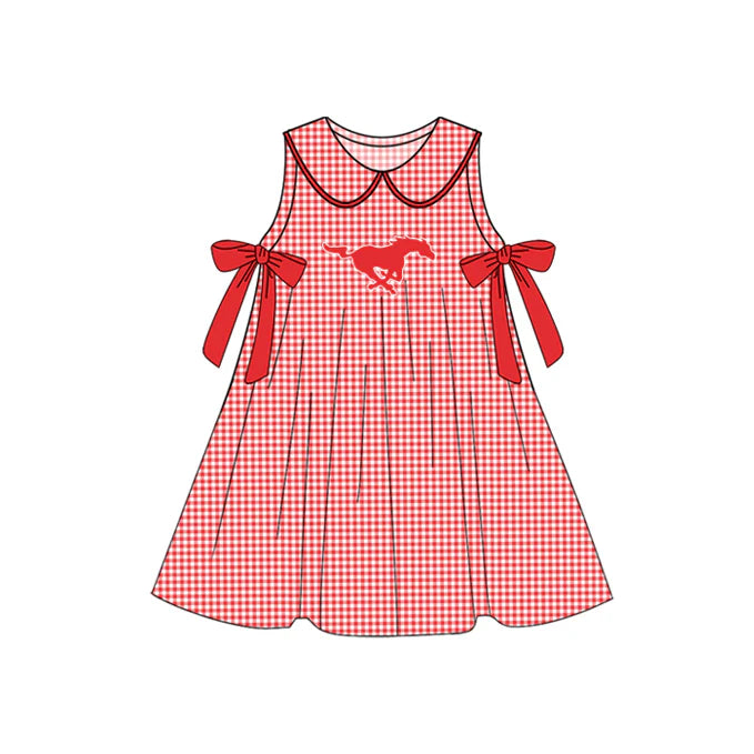 Preorder (moq 5)Baby Girls Red Plaid Sleeveless Bows Horses Team Knee Length Dresses 7.10