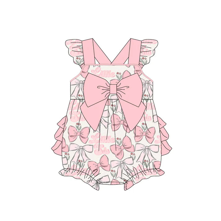 Preorder (moq 5)Baby Girls Peach Flutter Sleeves Bows Little Sis Ruffle Bubble Rompers 4.28