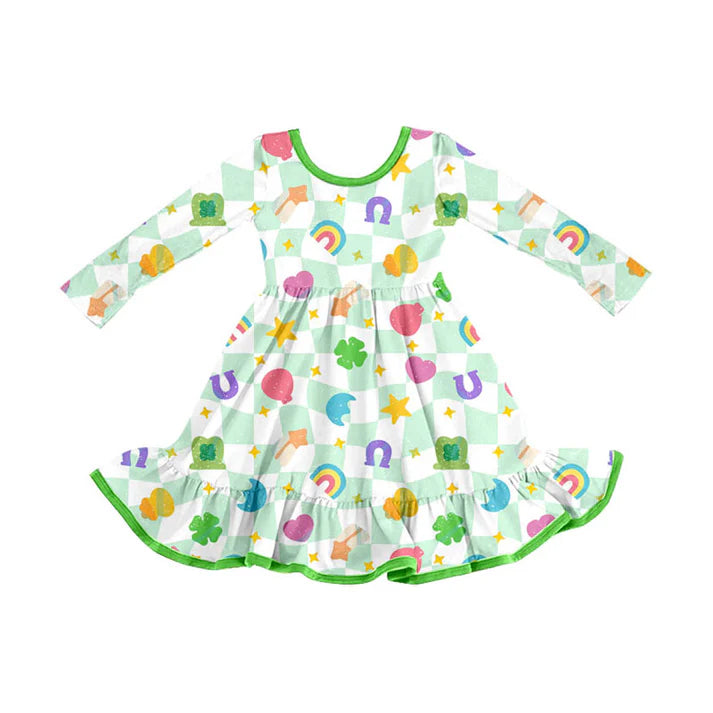Preorder (moq 5)Baby Girls Green Checked Clovers Stars St Patrick Ruffle Knee Length Dresses 9.4