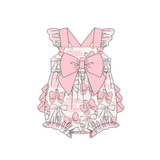 Preorder (moq 5)Baby Girls Peach Flutter Sleeves Bows Little Sis Ruffle Bubble Rompers 5.14