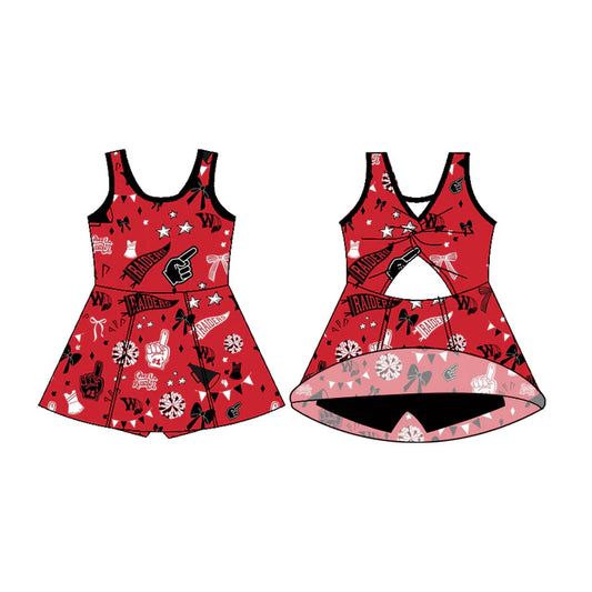 Preorder (moq 5)Baby Girls Sleeveless Red Raiders Bows Football Team Shorts Dresses 7.11