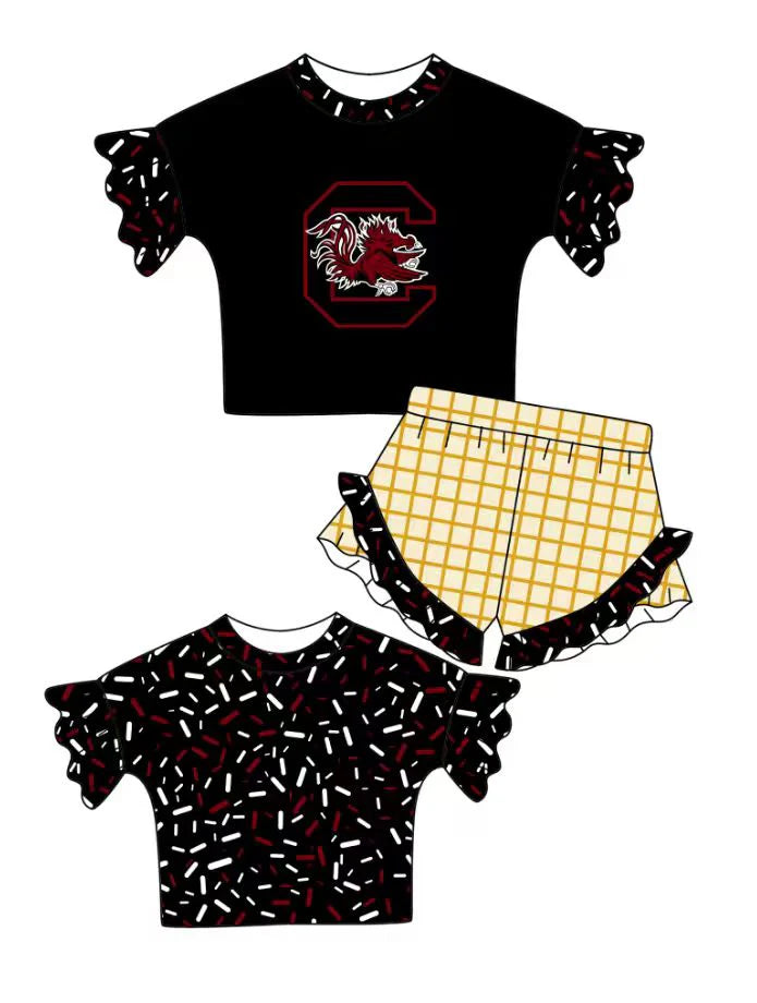 Preorder (moq 5)Baby Girls Black Sprinkles C Bulls Top Checked Ruffle Shorts Team Clothes Set 1.10