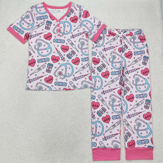 Adult Women Pajamas Valentines Heart Nurse Tops Pants Pajamas GSPO1861