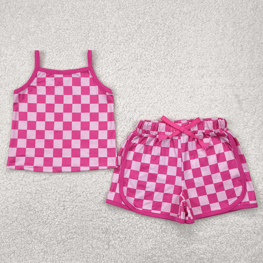 Baby Girls Clothes Pink Strap Plaid Top Short Sports Sets GSSO2336 4.22