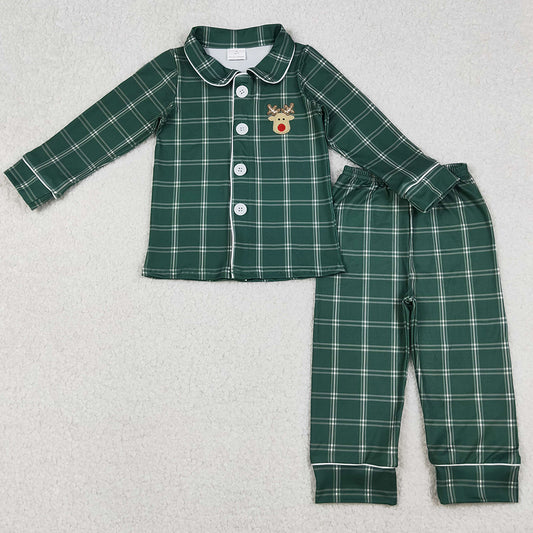Baby Boys Pajamas Christmas Checkered Embroidery Deer Buttons Top Pants Pajamas Sets BLP0545 9.20