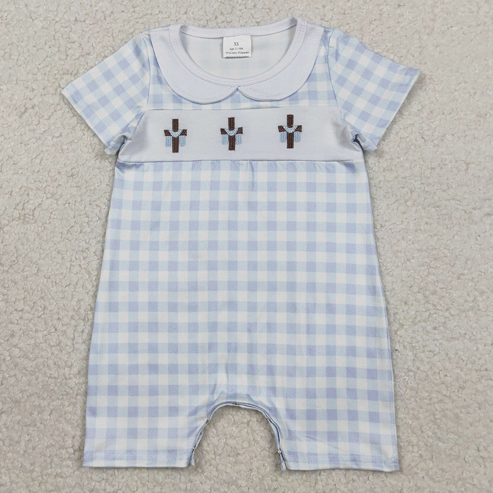 Baby Boys Rompers Embroidery Crosses Blue Checked Easter Collar Rompers SR3758