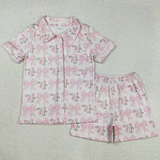 Adult Women Pajamas Pink Bows Flowers Buttons Tops Shorts Pajamas GSSO1779