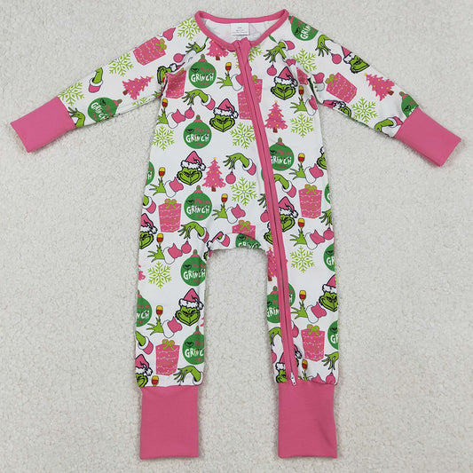Baby Girls Rompers Green Face Gifts Christmas Zipper Footie Rompers LR2588 9.20