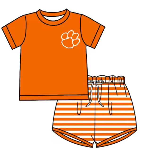 Preorder (moq 5)Baby Boys Orange Pawl Top Stripe Shorts Team Clothes Sets 12.27