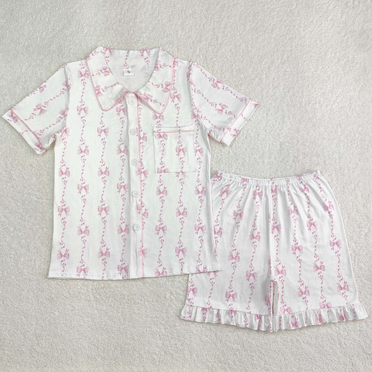 Adult Women Pajamas Pink Bows Lapel Buttons Tops Shorts Pajamas GSSO1944 3.7
