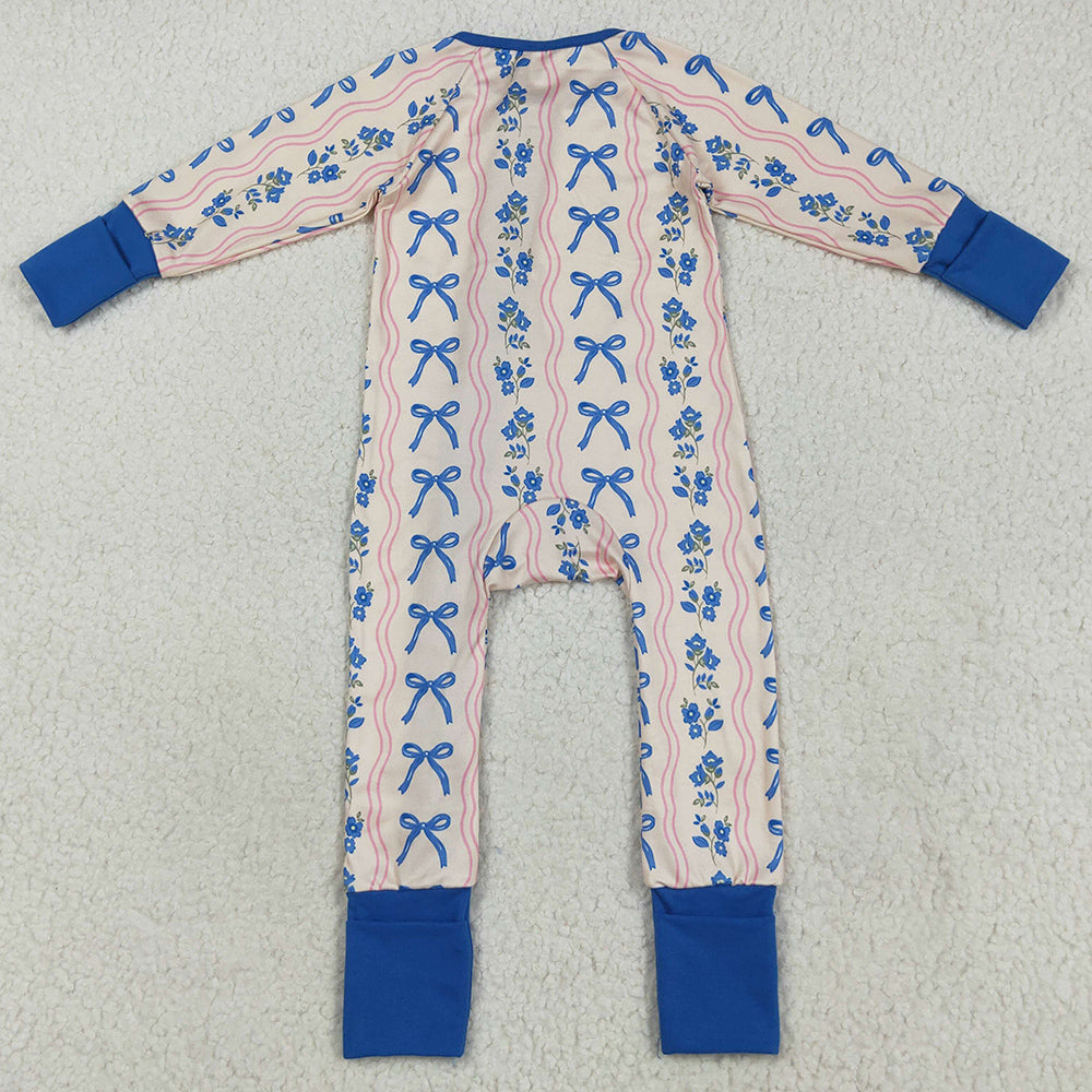 Baby Girls Rompers Long Sleeves Blue Bows Flowers Stripe Zipper Pant Rompers LR2327 7.18