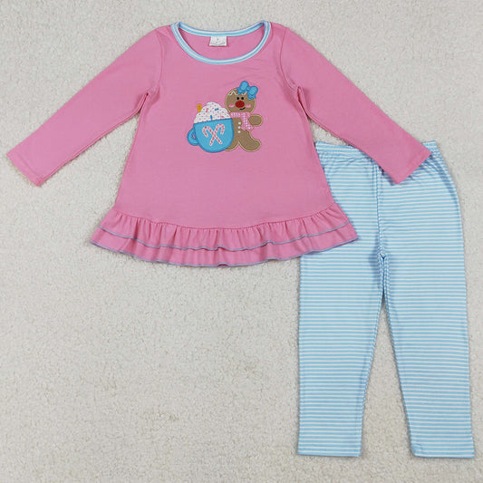 Baby Girls Pajamas Pink Christmas Gingerbread Embroidery Tunic Blue Legging Pants Sets GLP2467 9.20