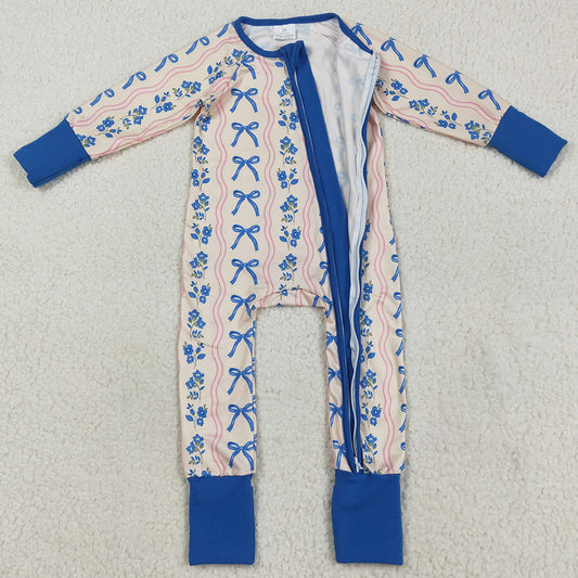 Baby Girls Rompers Long Sleeves Blue Bows Flowers Stripe Zipper Pant Rompers LR2327 7.18