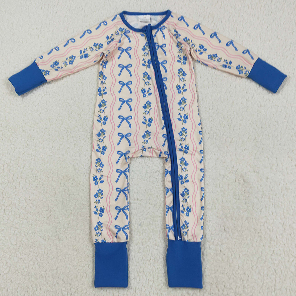 Baby Girls Rompers Long Sleeves Blue Bows Flowers Stripe Zipper Pant Rompers LR2327 7.18