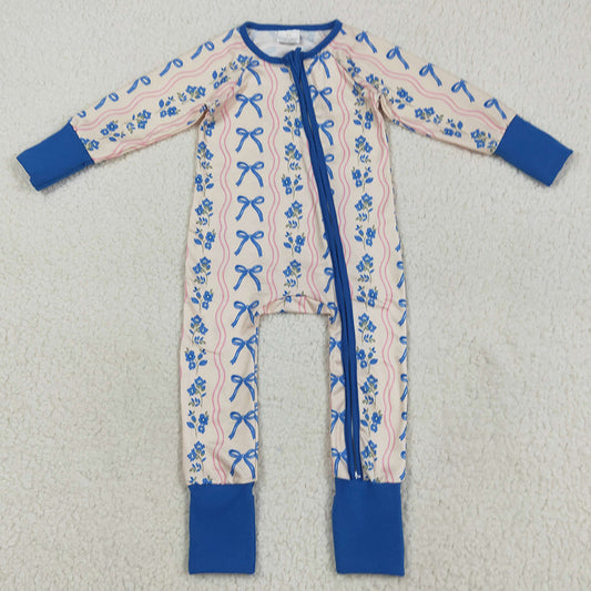 Baby Girls Rompers Long Sleeves Blue Bows Flowers Stripe Zipper Pant Rompers LR2327 7.18