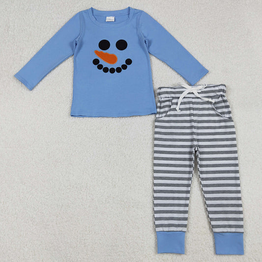 Baby Boys Clothes Christmas Blue Snowmen Embroidery Top Stripe Pockets Pants Sets BLP1231 10.2