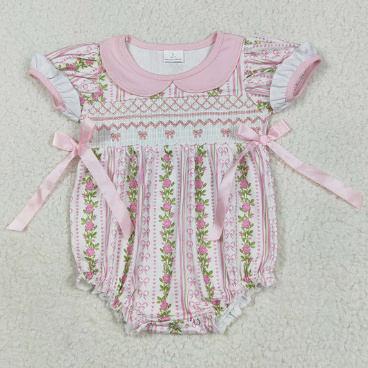 Smocked Embroidery Baby Infant Girls Rompers Pink Floral Bows Ruffle Rompers SR2994 6.5