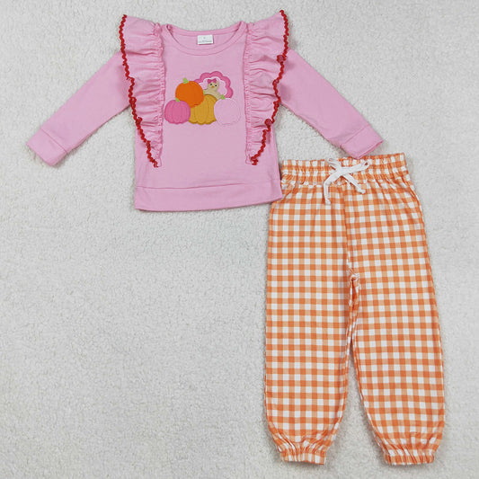 Baby Girls Clothes Pink Long Sleeves Turkey Pumpkins Embroidery Top Checkered Pant Sets GLP2442 9.1