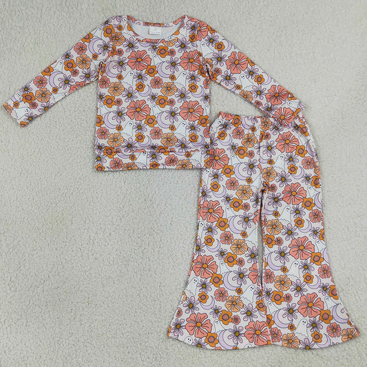 Baby Girls Clothes Ghost Flowers Shirt Top Flare Pant Halloween Clothes Sets GLP3404