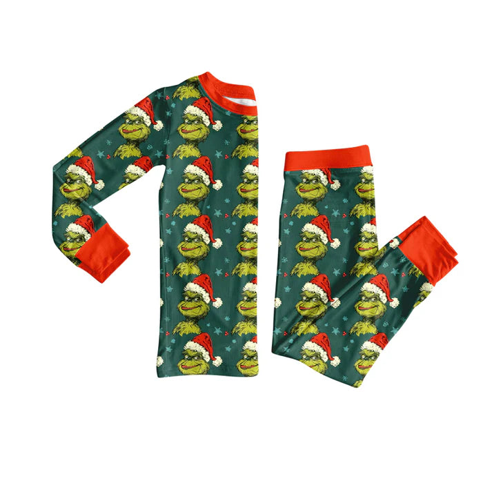 Preorder(moq 5) Baby Girls Green Face Stars Stripe Top Pants Christmas Pajamas Set 8.15