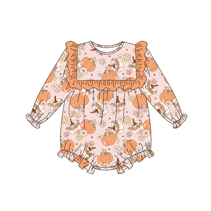 Preorder (moq 5)Baby Girls Pink Long Sleeves Flower Pumpkins Plaid Ruffle Romper 7.4