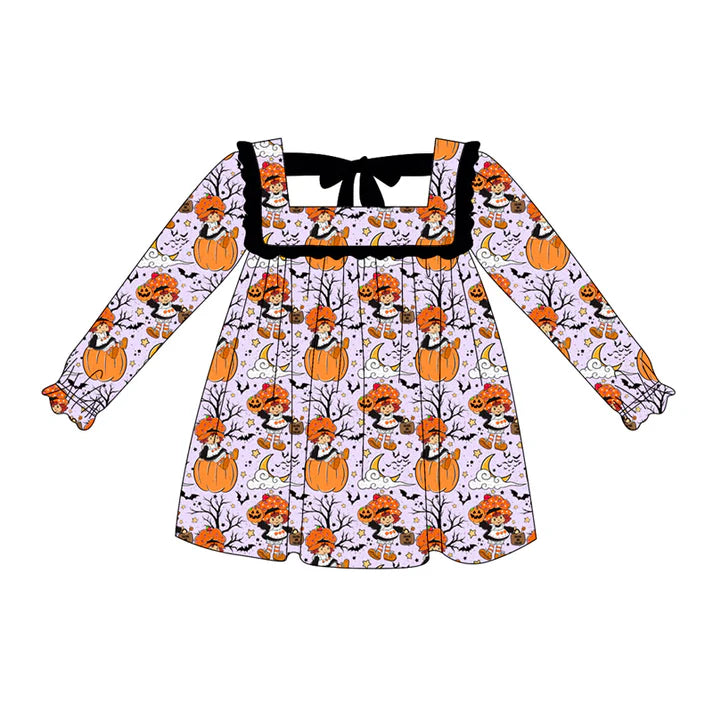 Preorder (moq 5)Baby Girls Lavender Long Ruffle Sleeves Pumpkins Bats Knee Length Dresses 6.2