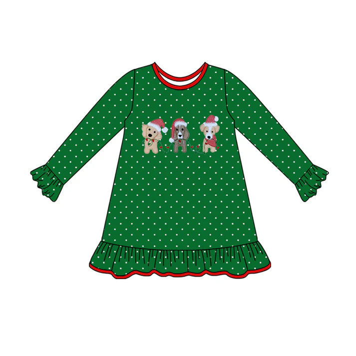 Preorder (moq 5)Baby Girls Light Dogs Polka Dots Ruffle Christmas Knee Length Dresses 8.1