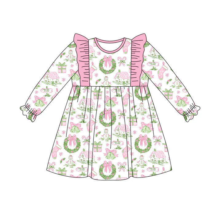 Preorder (moq 5)Baby Girls Long Ruffle Sleeves Holly Snowman Plaid Knee Length Dresses 7.28