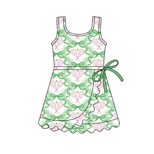 Preorder(moq 5) Baby Girls Sleeveless Green Bows Tennis Team Ruffle Knee Length Dresses 11.4