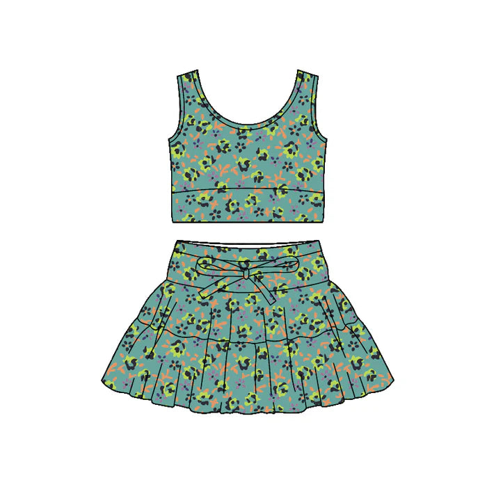 Preorder (moq 5)Baby Girls Green Flowers Vest Ruffle Skirt Shorts Clothes Sets 12.4